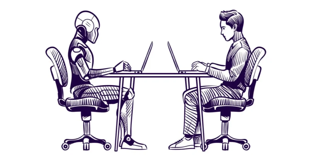 Robot,Vs,Man.,Human,Humanoid,Robot,Work,With,Laptops,At