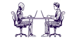Robot,Vs,Man.,Human,Humanoid,Robot,Work,With,Laptops,At