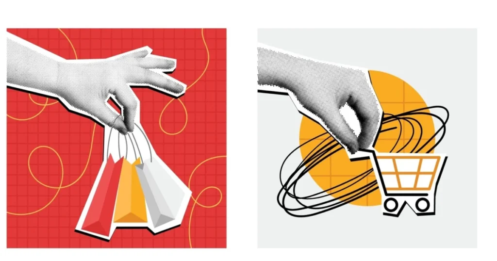 Halftone,Shopping,Collage.,Mixed,Media,Hand,Holding,Shopping,Basket,,Cart
